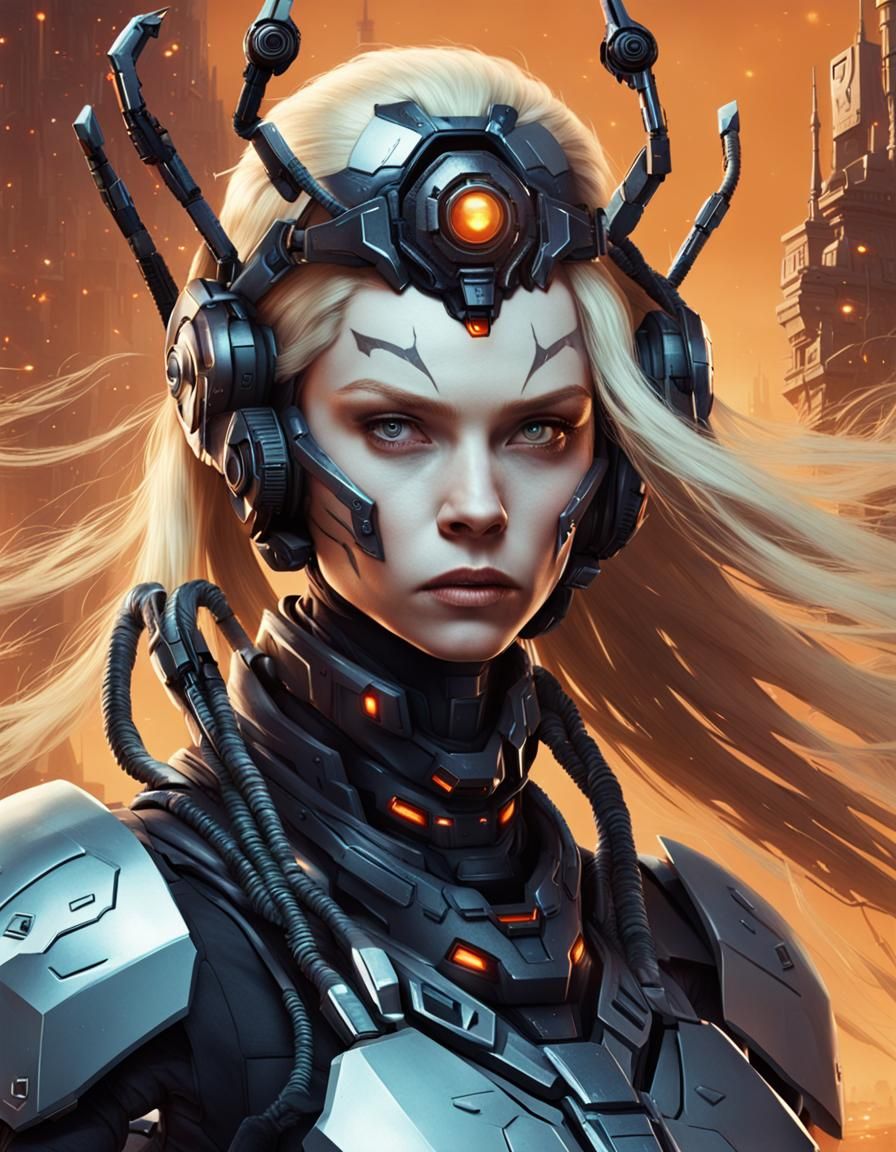 Evil Nightmarish Dream determined-looking (sci-fi:1.2) blonde (female general:1.3)