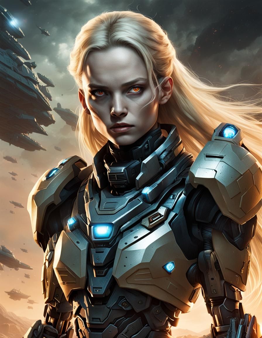 Evil Nightmarish Dream determined-looking (sci-fi:1.2) blonde (female general:1.3)
