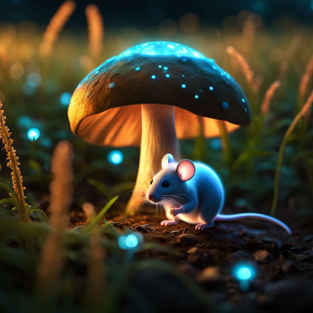 Bioluminescent Fiberoptic Mouse Under Mushroom, Hyperrealist...
