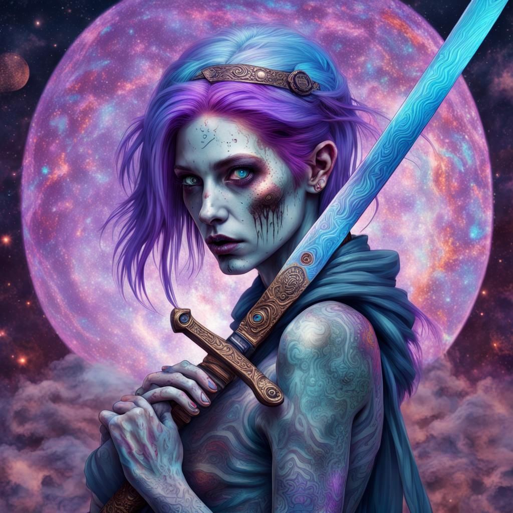 Zombie Woman with Damascus Sword in Astral Illustration