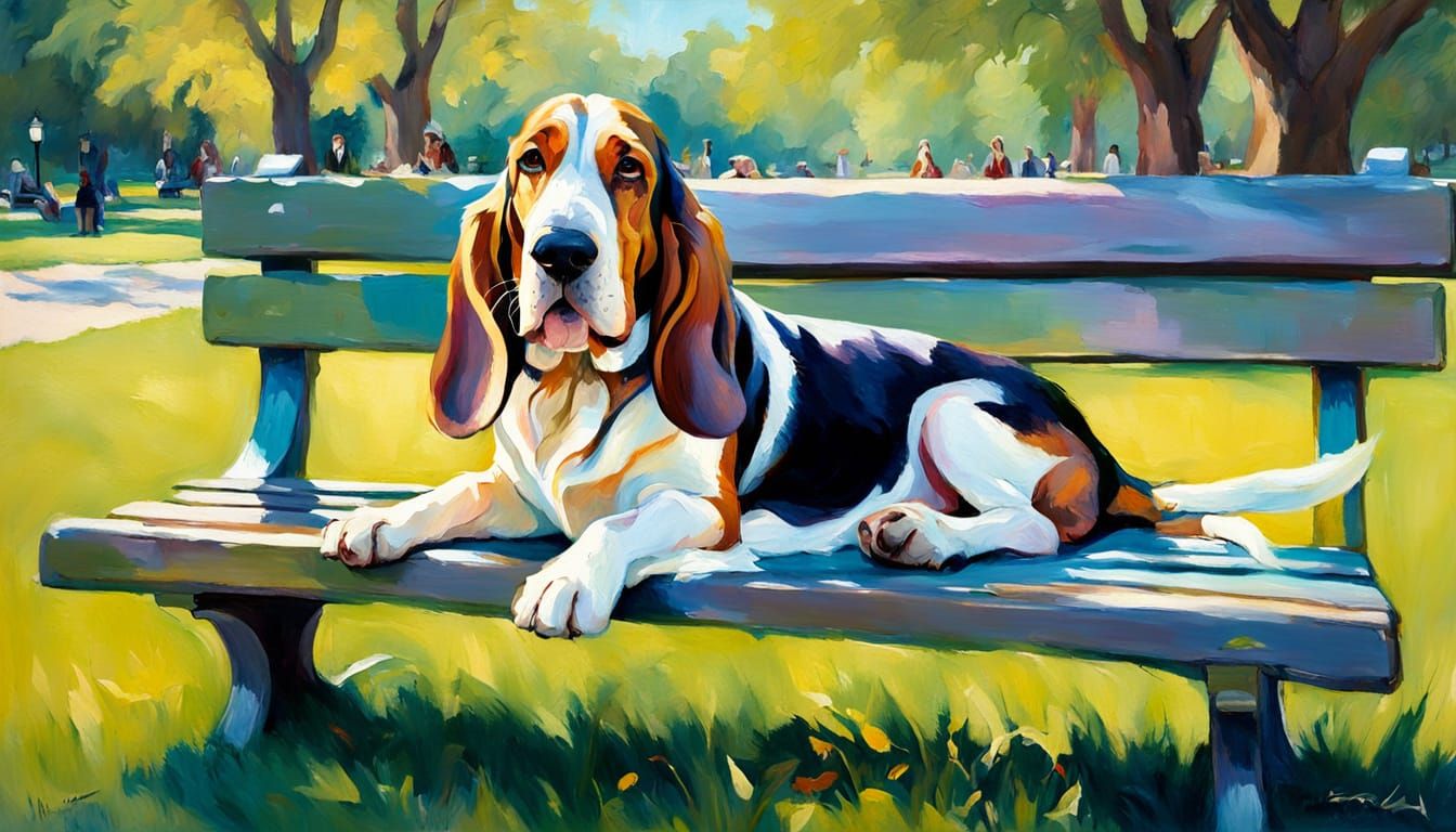 Impressionist Basset Hound on Sunny Park Bench