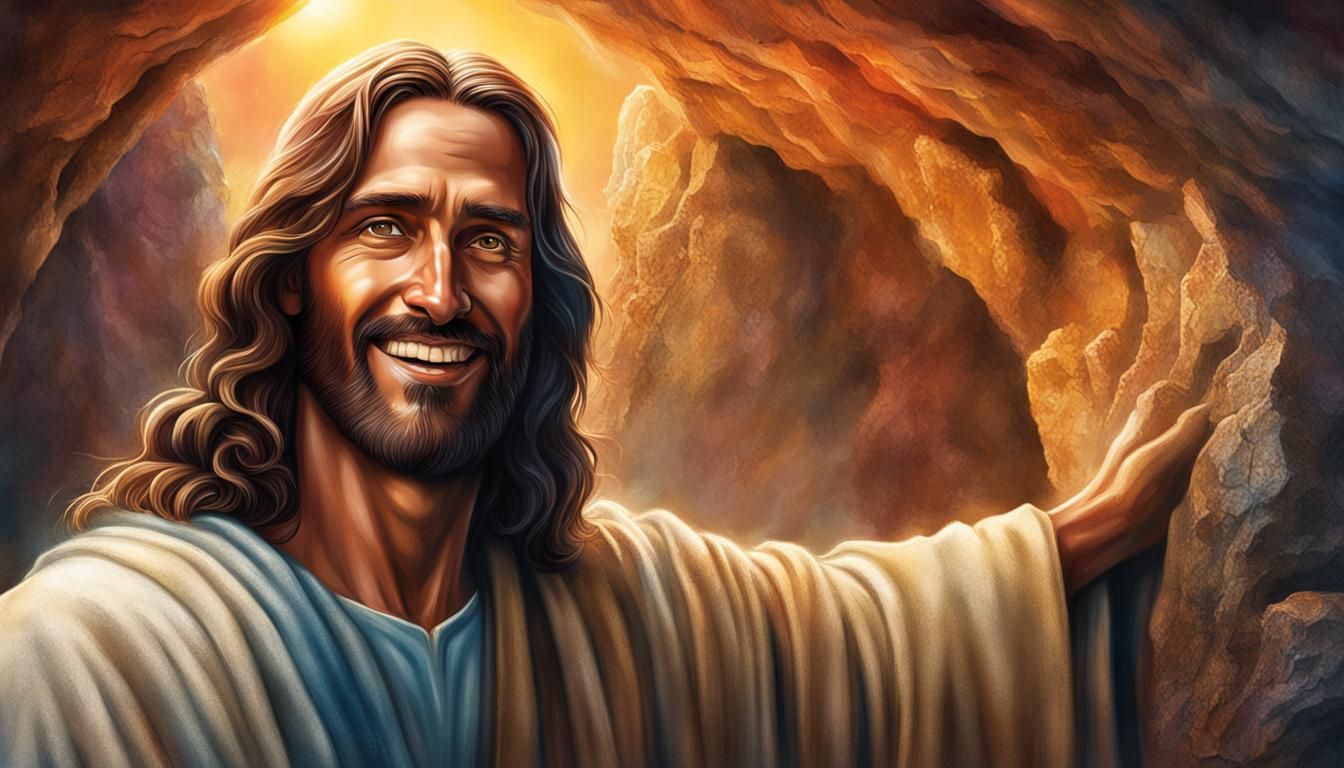 Jesus Christ Smiling Before Empty Tomb: Hyperrealistic Art