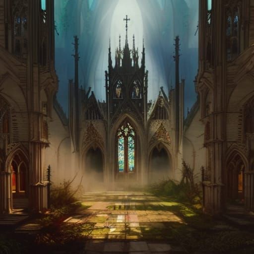 Ruined Gothic Cathedral with Stained Glass