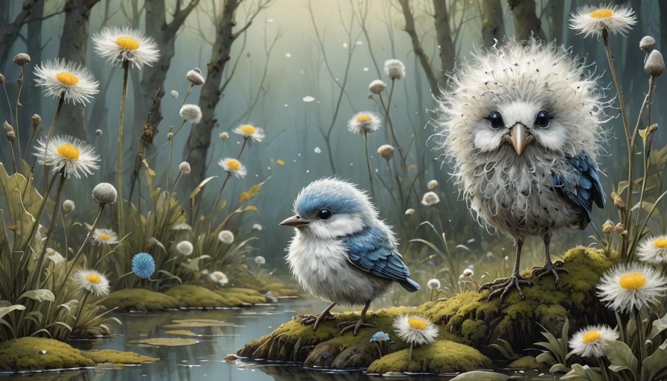 Two Adorable Baby Birds in Forest, Whimsical Art