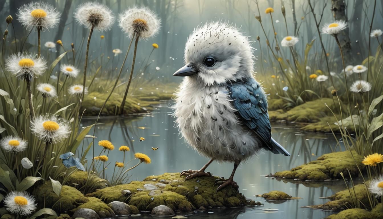 Adorable Silver Bird in Dandelion, Monge Style