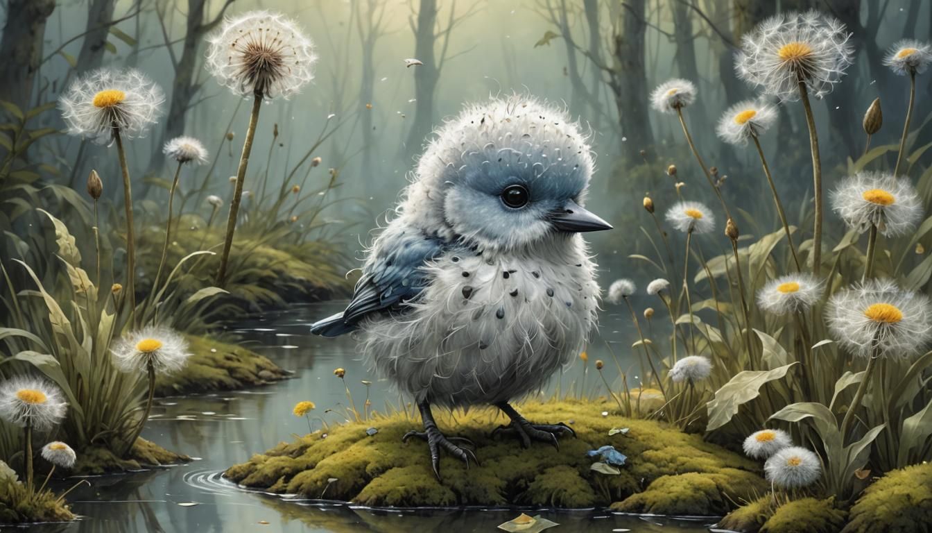 Adorable Silver Bird in Dandelion, Fairytale Art