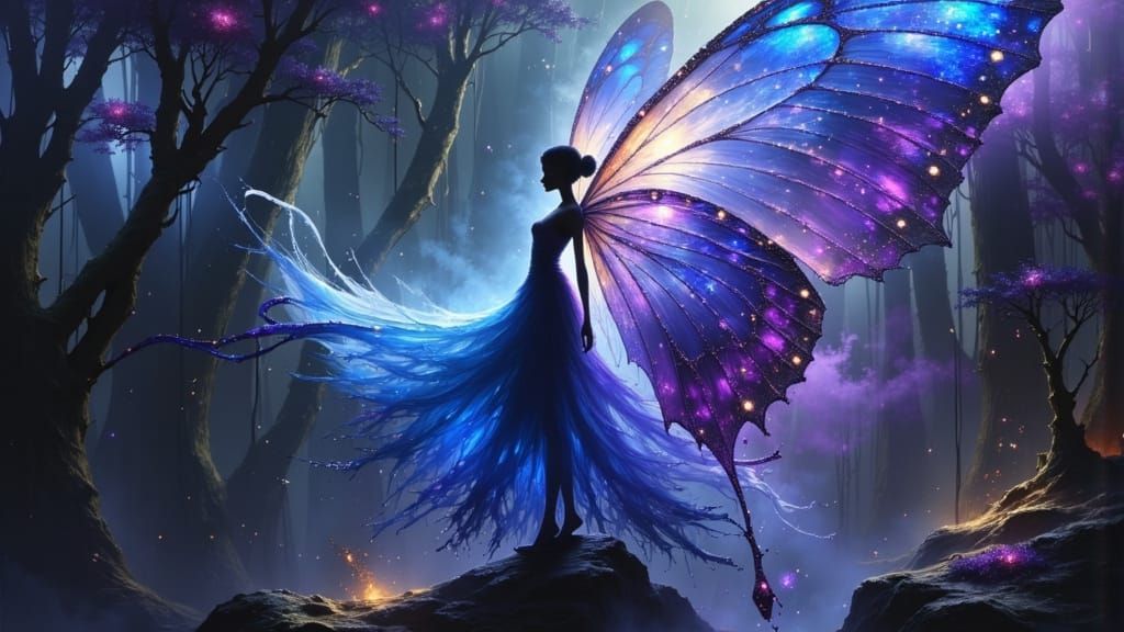 Fairy with Majestic Butterfly Wings in Dark Forest Painting