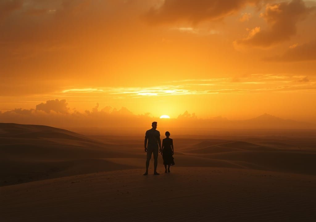 Figures in Barren Landscape at Sunset with Glowing Clouds