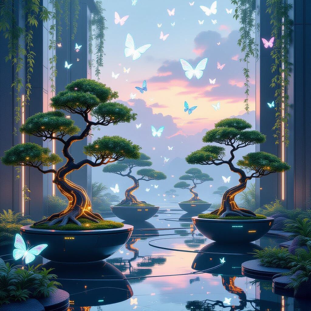 Futuristic AI Garden with Levitating Bonsai Trees