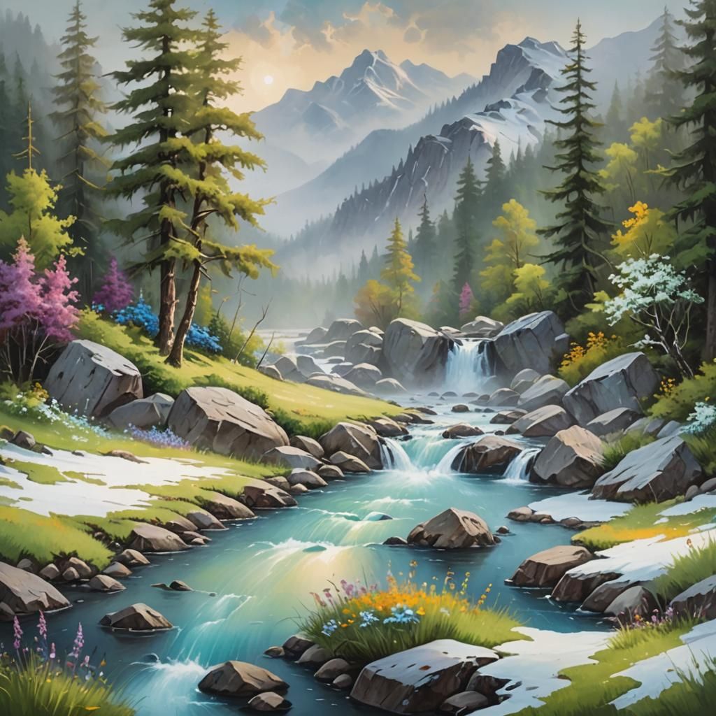 Mountain Glade Landscape Painting in Bob Ross Style