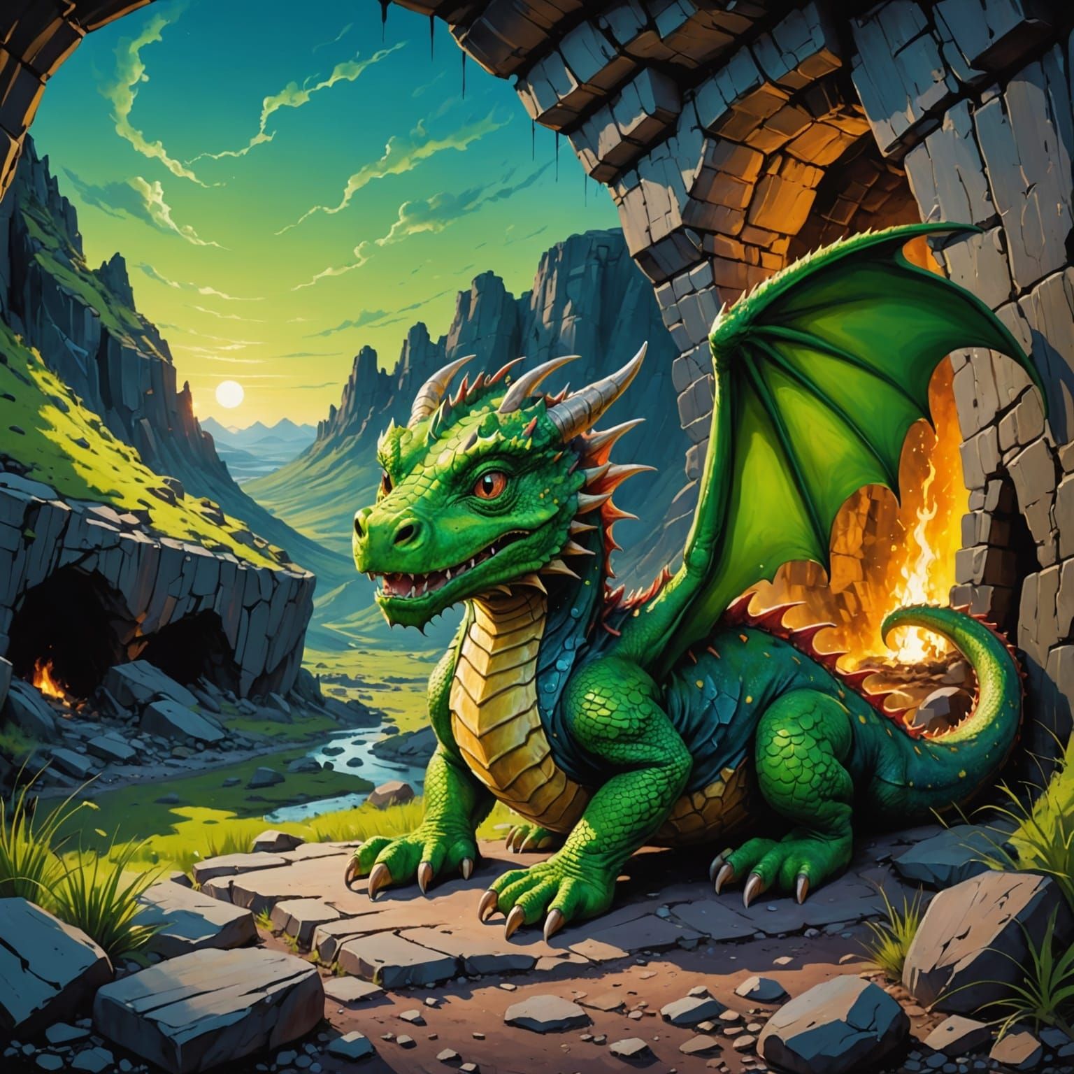 Mystical Green Dragon Basks in Basalt Plains Sunset