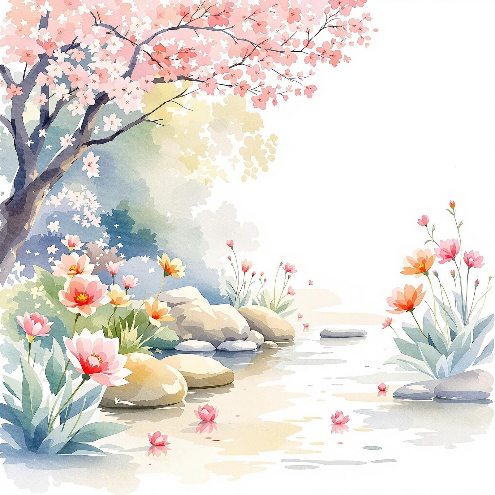 Whimsical Zen Garden Scene in Delicate Watercolor
