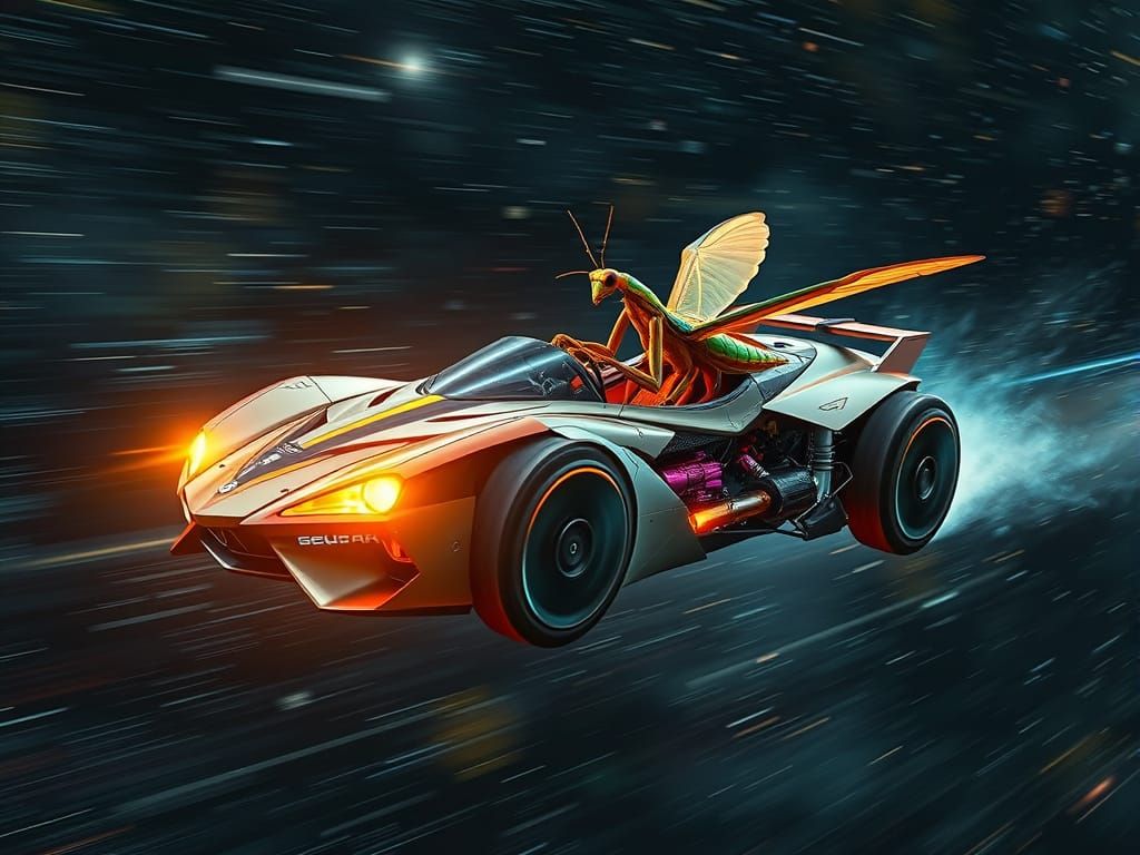Futuristic Praying Mantis Car in Cosmos