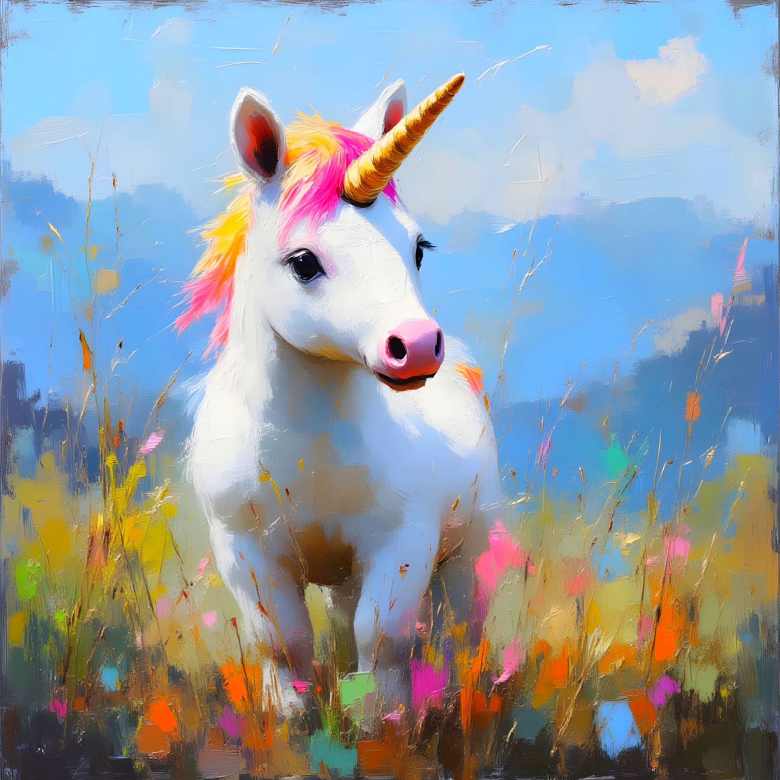 Cute Baby Unicorn Impasto Painting in Fantasy Valley