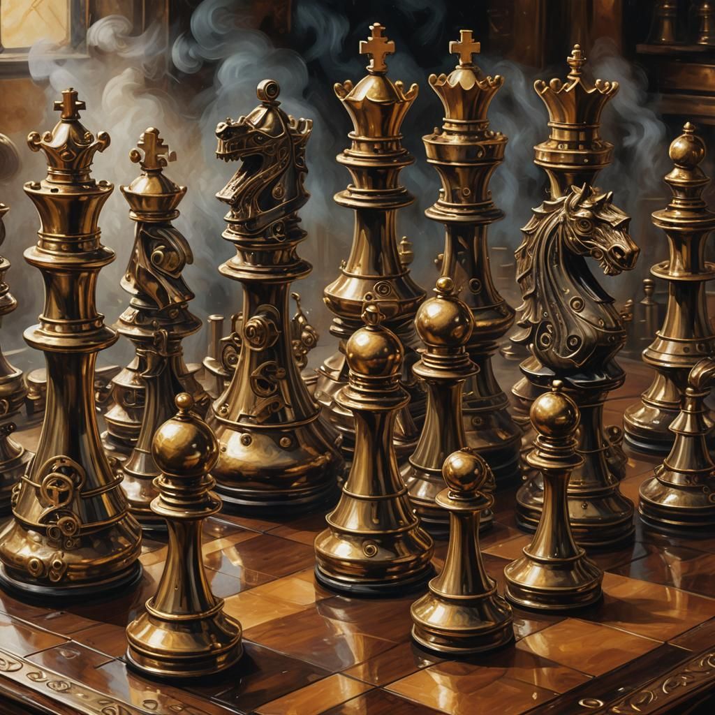 Steampunk Chessboard in Victorian Workshop, Oil Painting