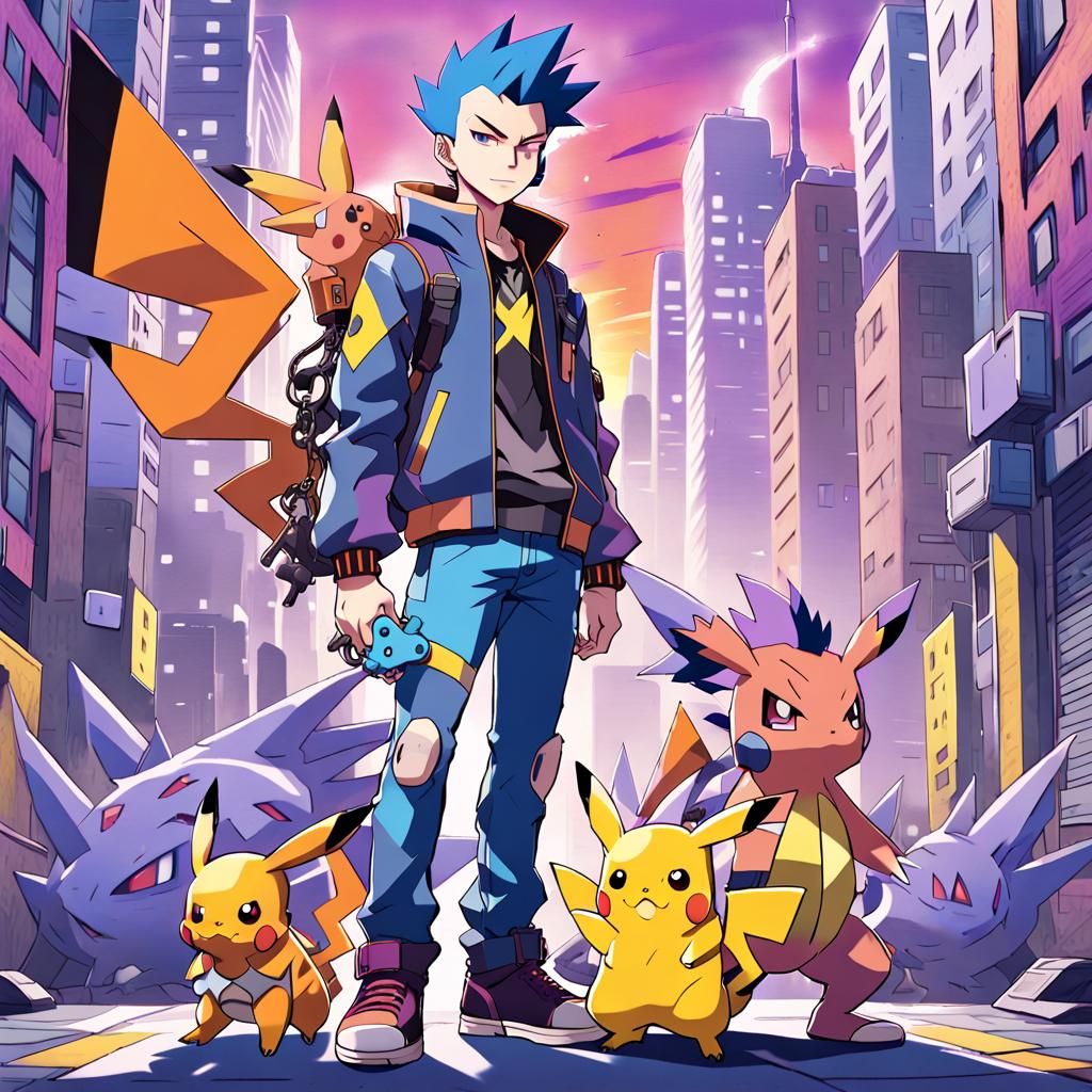 Punk Pokémon Trainer in Dystopian Anime Style