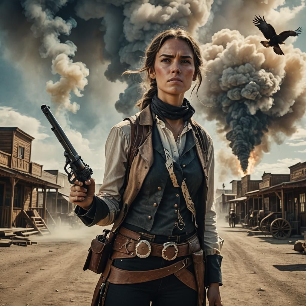 Female Gunslinger Ready for Duel in Wild West Town