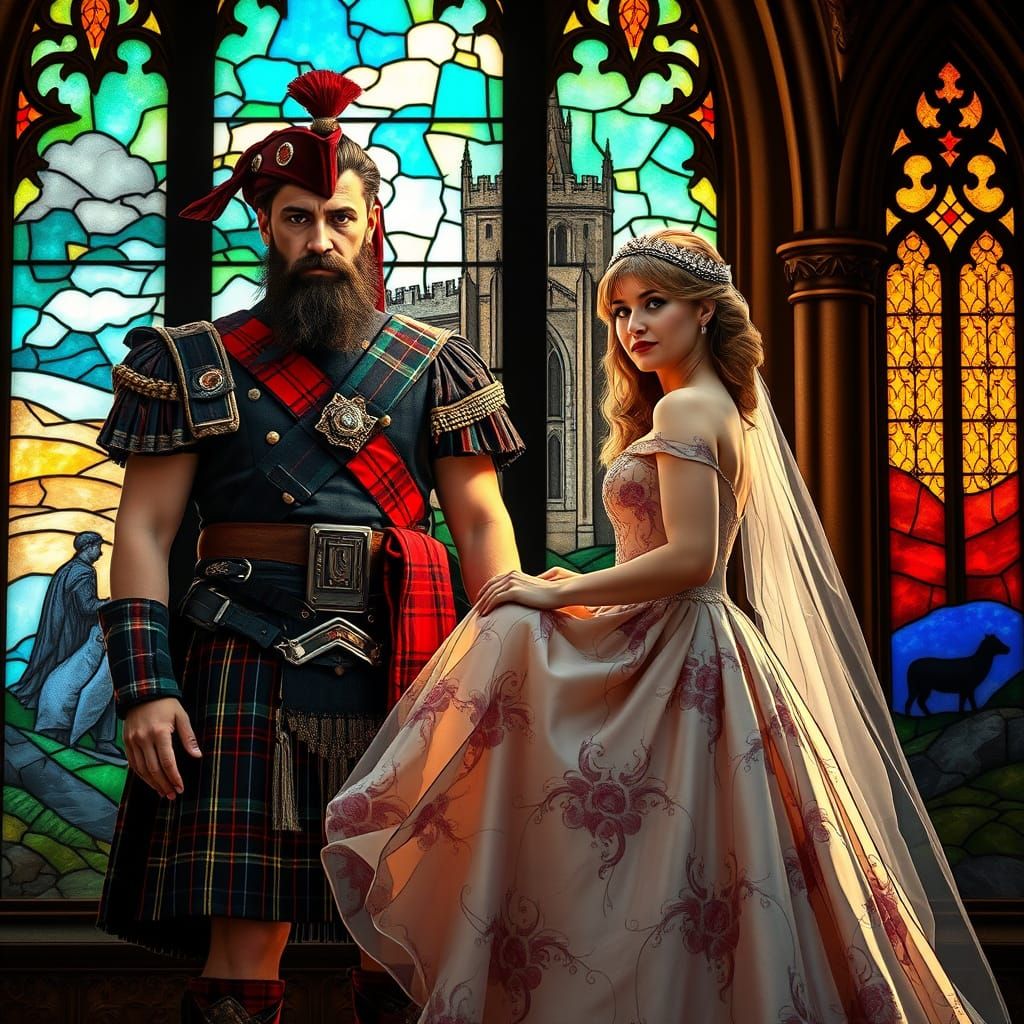 Scottish Highland Warrior and Bride in Tartan Wedding Scene,...