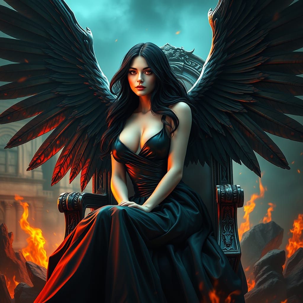Black-Winged Angel on Brimstone Throne, Alcohol Ink Style