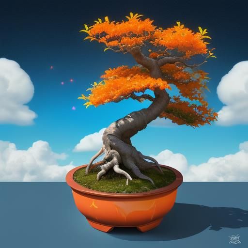bonsai tree with orange leaves in a blue cup the background ...