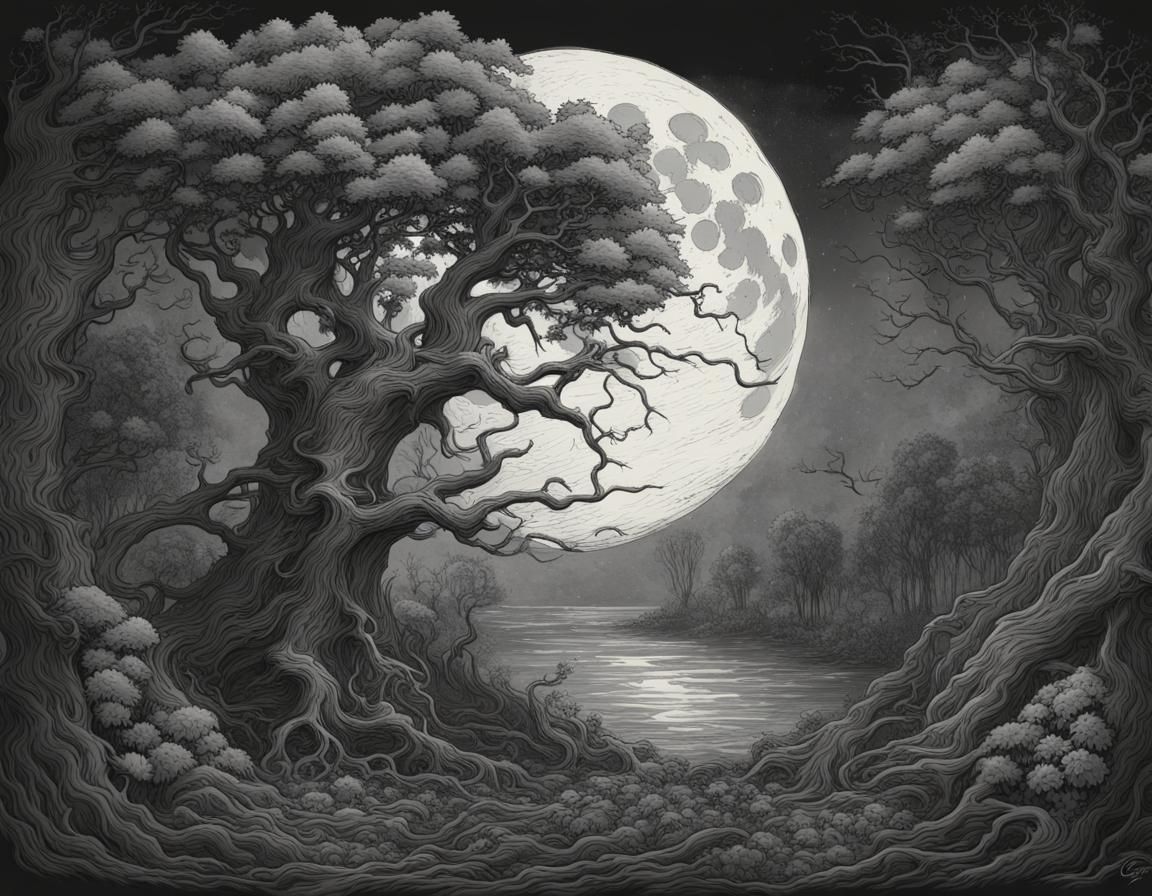 Moonlit Horror Scene with Roses in Dark Fantasy Style