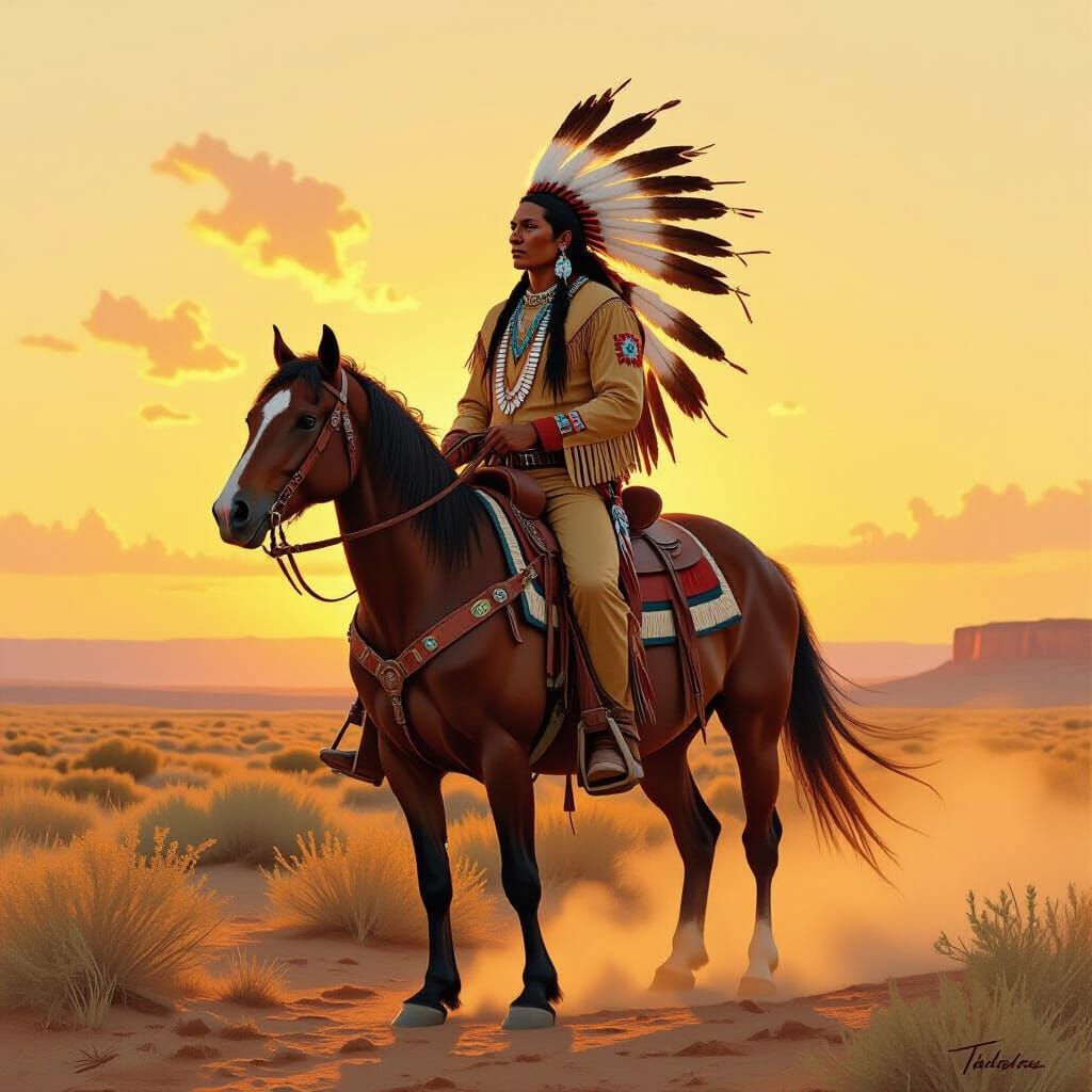 Apache Warrior on Horseback in Sunset Landscape