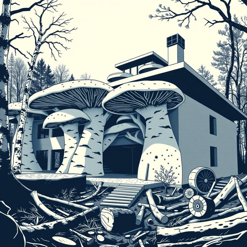 Surreal Forest Dwelling in Linocut Style