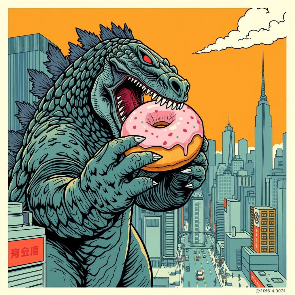 Godzilla Devours Donut in Vibrant Kaiju Illustration