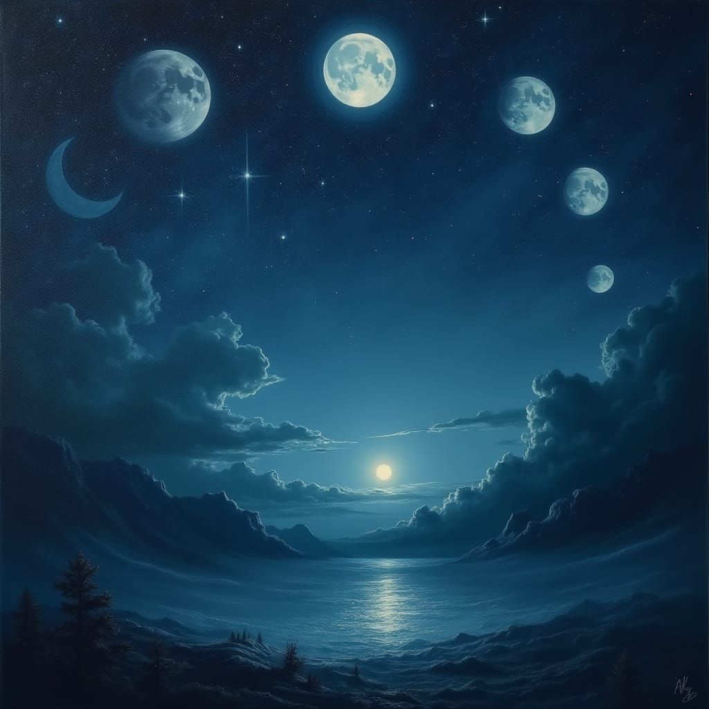 Lunar Cycles in Ethereal Blues and Silvers, with Ancient Sym...