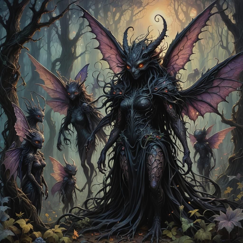 Dark Fantasy Fairy in Twilight Forest Oil Painting