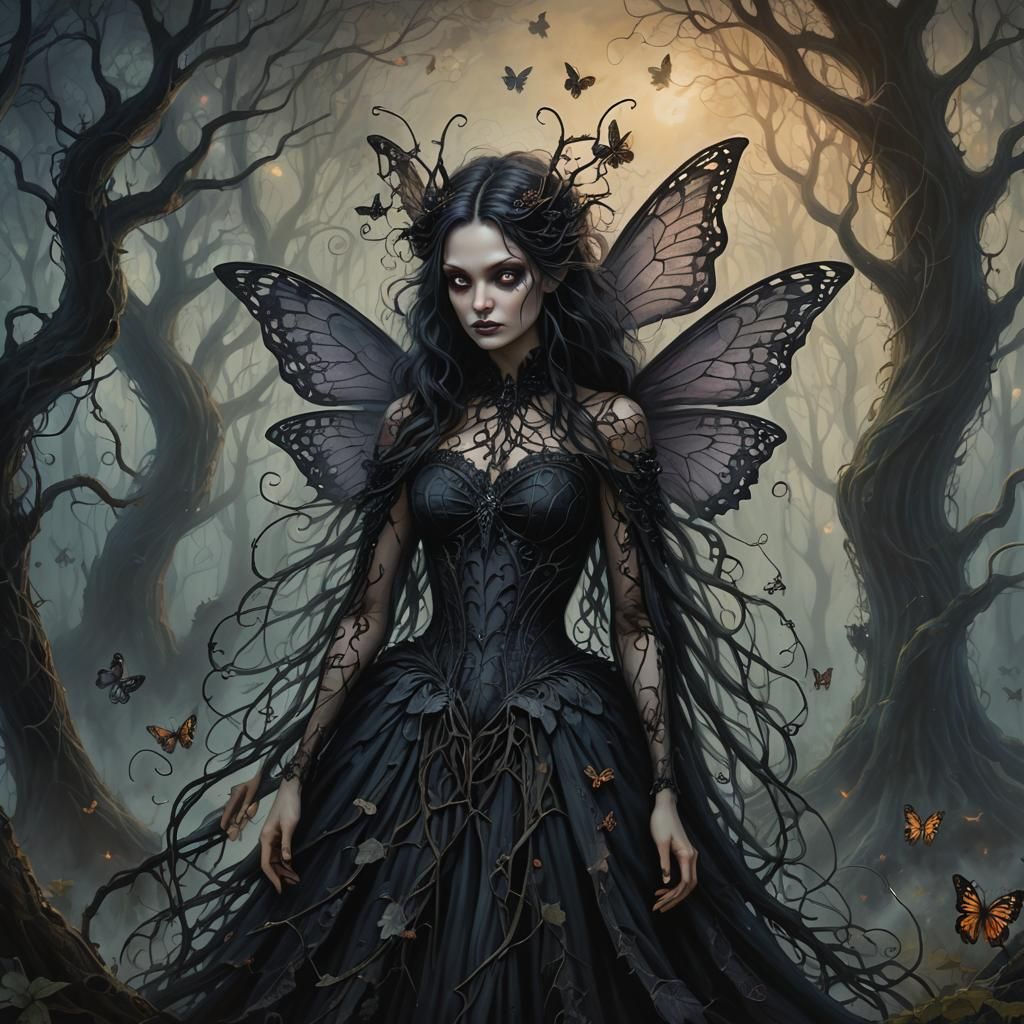 Gothic Fairy with Dark Monsters in Twilight Forest