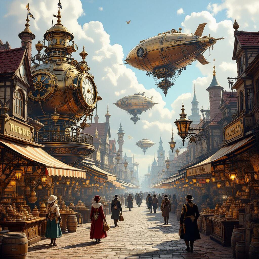 Steampunk Marketplace on Floating Island with Airships