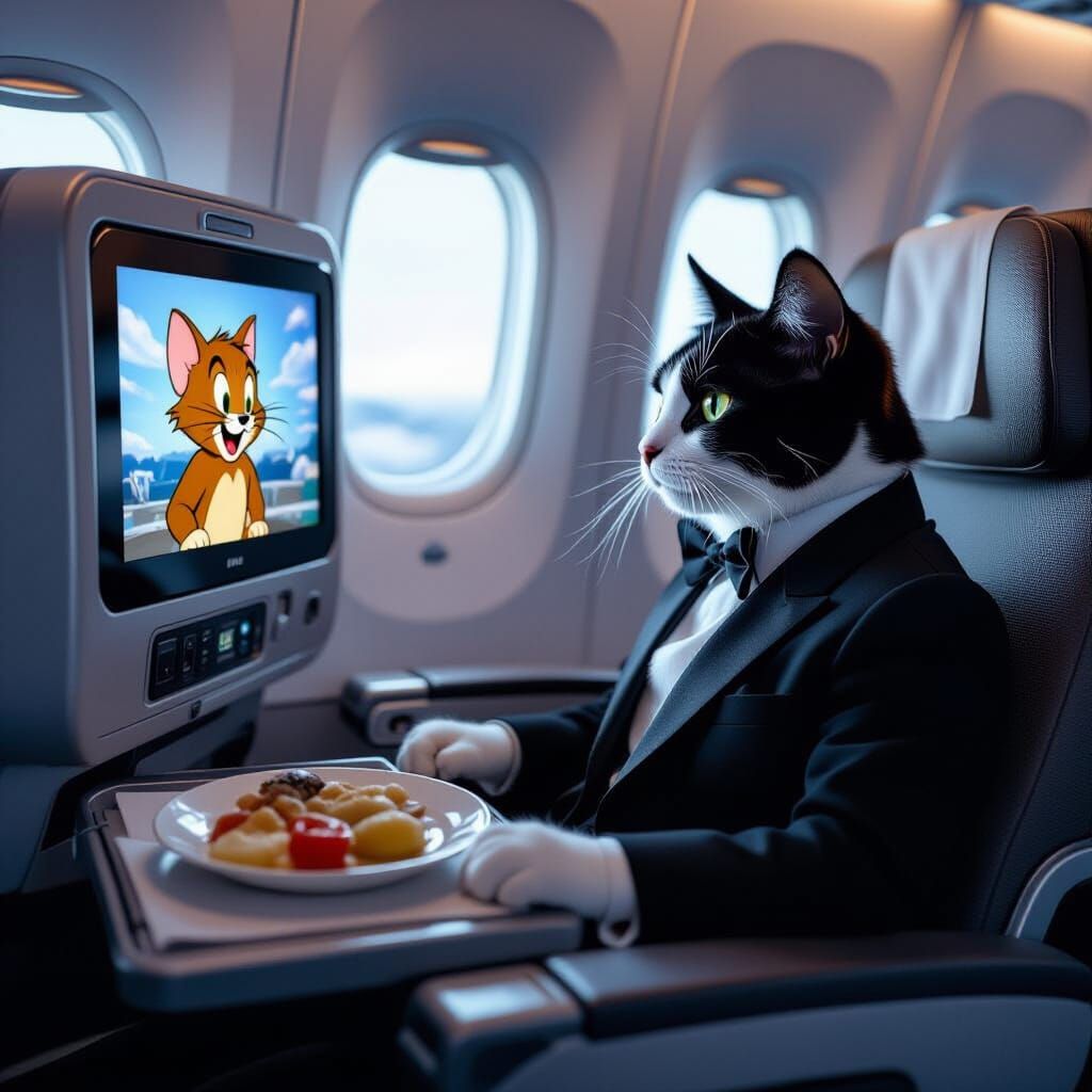 Tuxedo Cat Watches Tom and Jerry on Plane