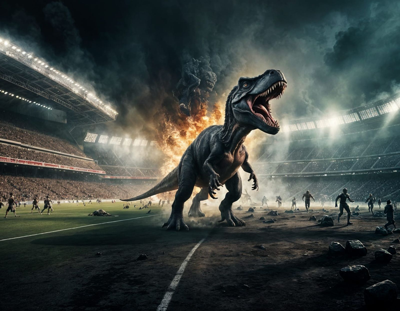 T Rex Terror Descends on Stadium in Cinematic Masterpiece