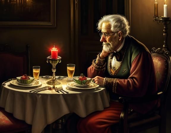 Lonely Man at Candlelit Table, Watercolour and Pen