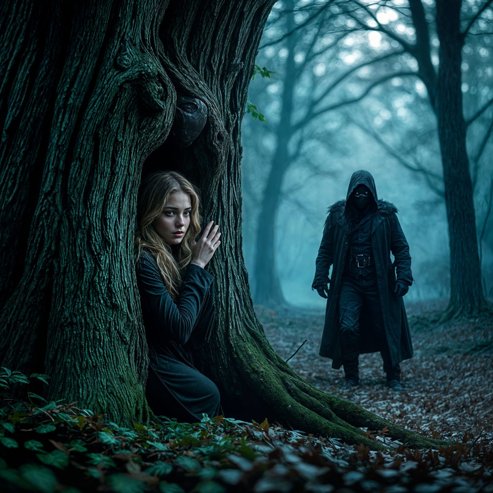 Creepy Masked Man Hunts Woman in Dark Woods