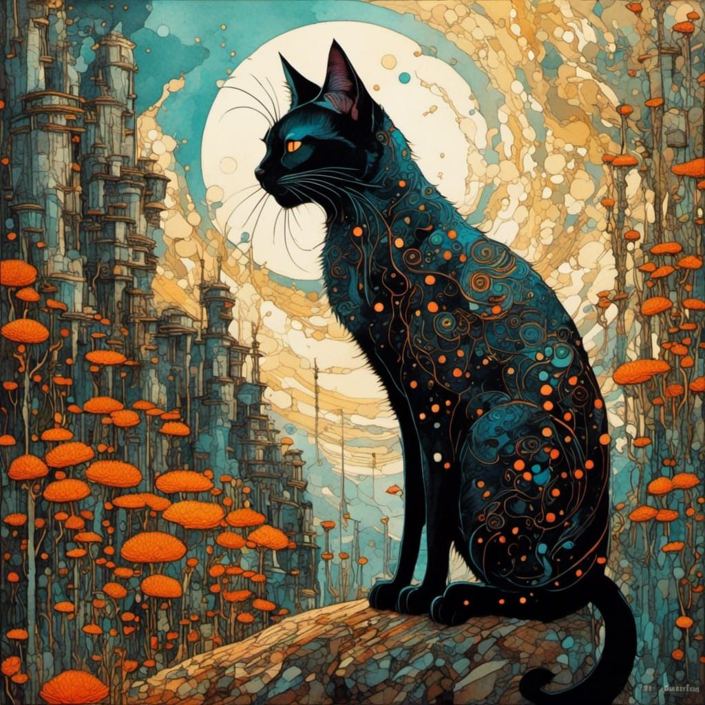 Cat on Hill in Art Brut Style