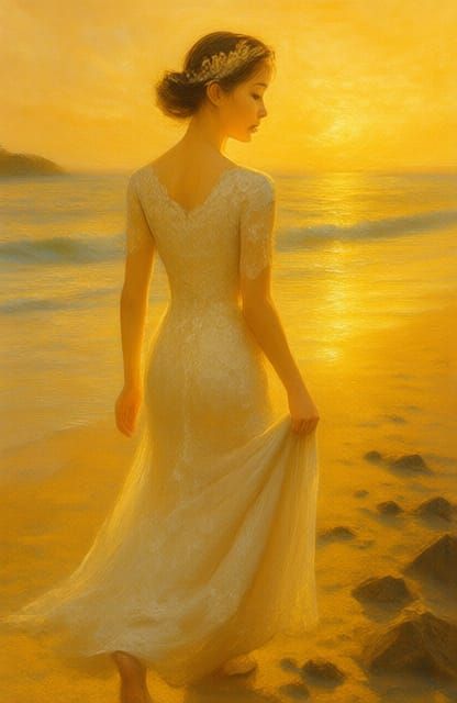 Bride Walking on Beach in Golden Sunlight