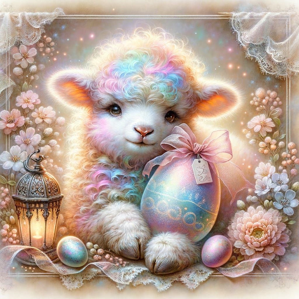 Whimsical Easter Lamb Hugs a Sparkling Egg