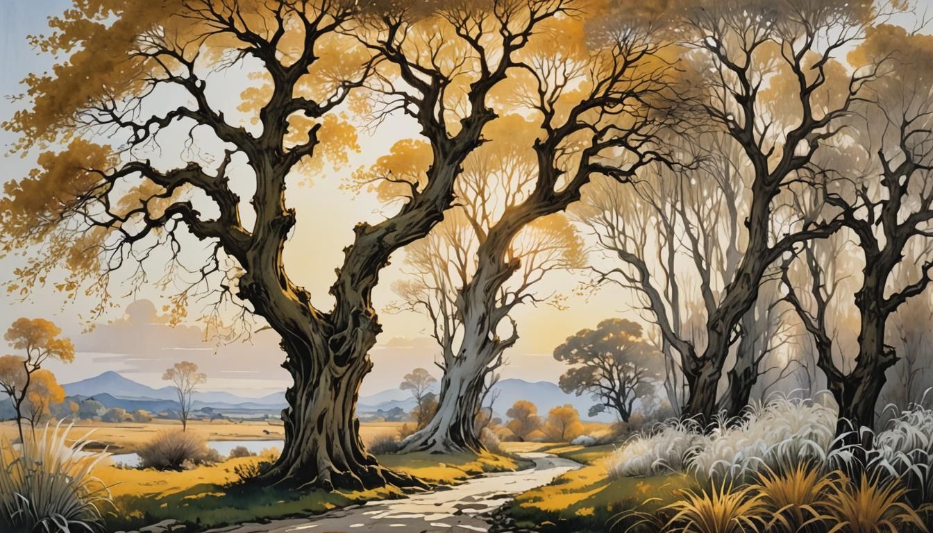 Majestic Tree in Golden Light, Alcoholic Ink Style