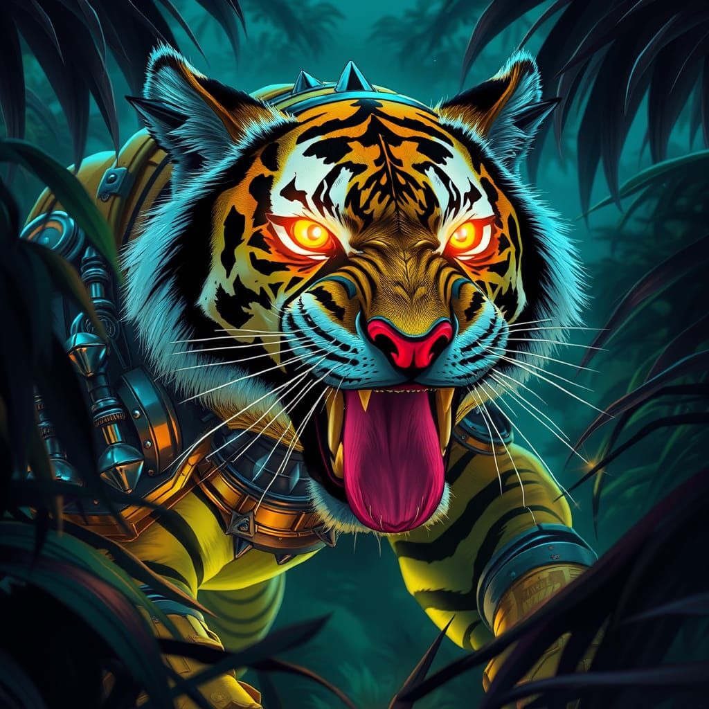 Bioluminescent Armored Tiger in Neon Jungle