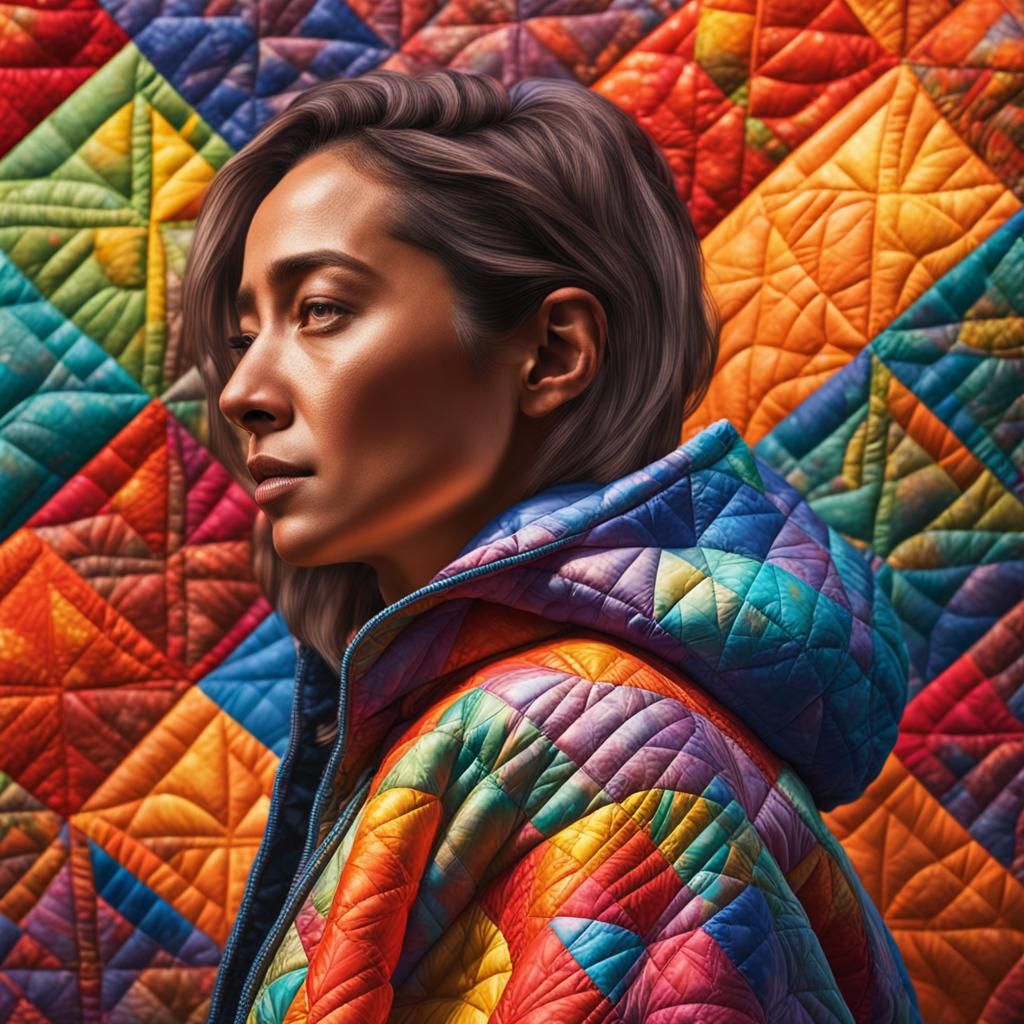 Woman in Quilt Jacket: Hyperrealistic Splash Art