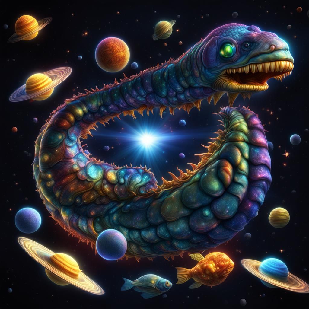 Photorealistic 3D Space Worm with Iridescent Stars
