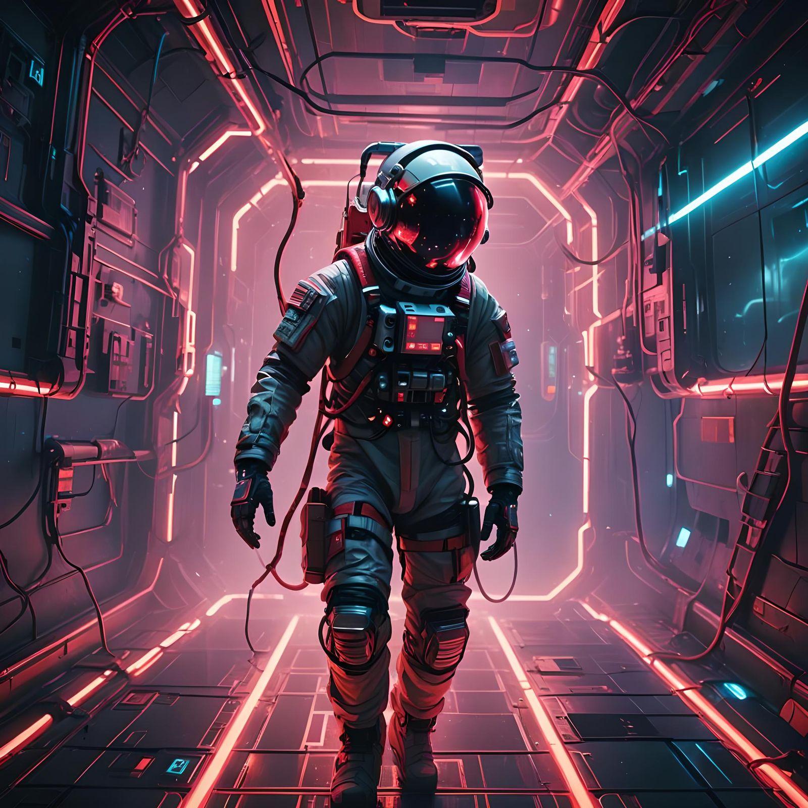 Astronaut in Futuristic Chamber with Neon Lights