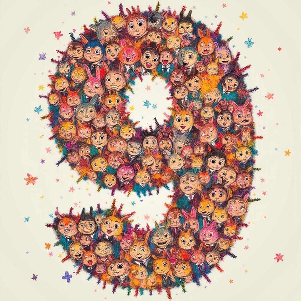 Nine Rabbits Celebrate Number Nine in Collage Style