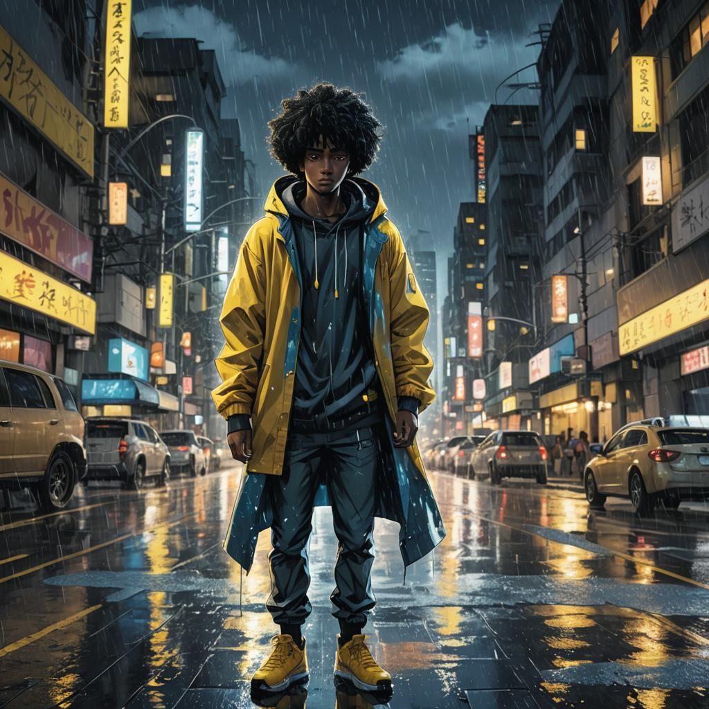 Anime Illustration of Black Man in Raindrop Hoodie