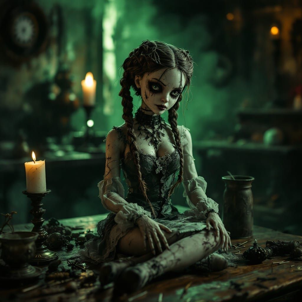 Surreal Voodoo Doll Goddess in Mysterious Greenlit Chamber
