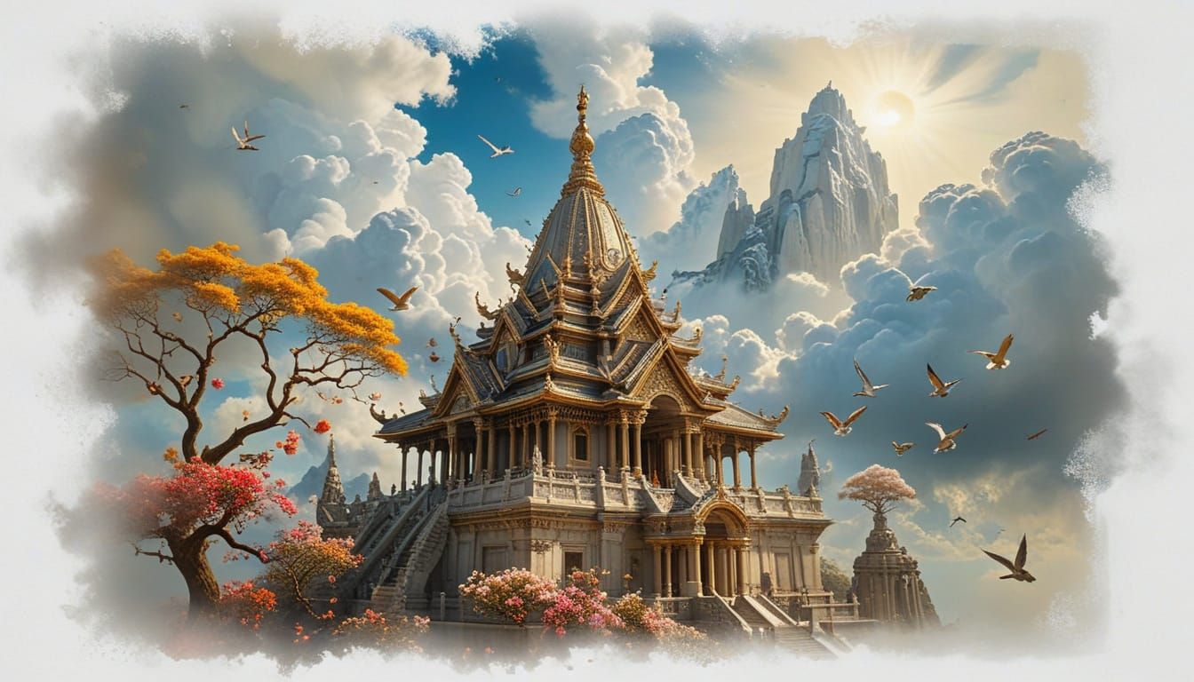 Majestic temple floats amidst ethereal clouds