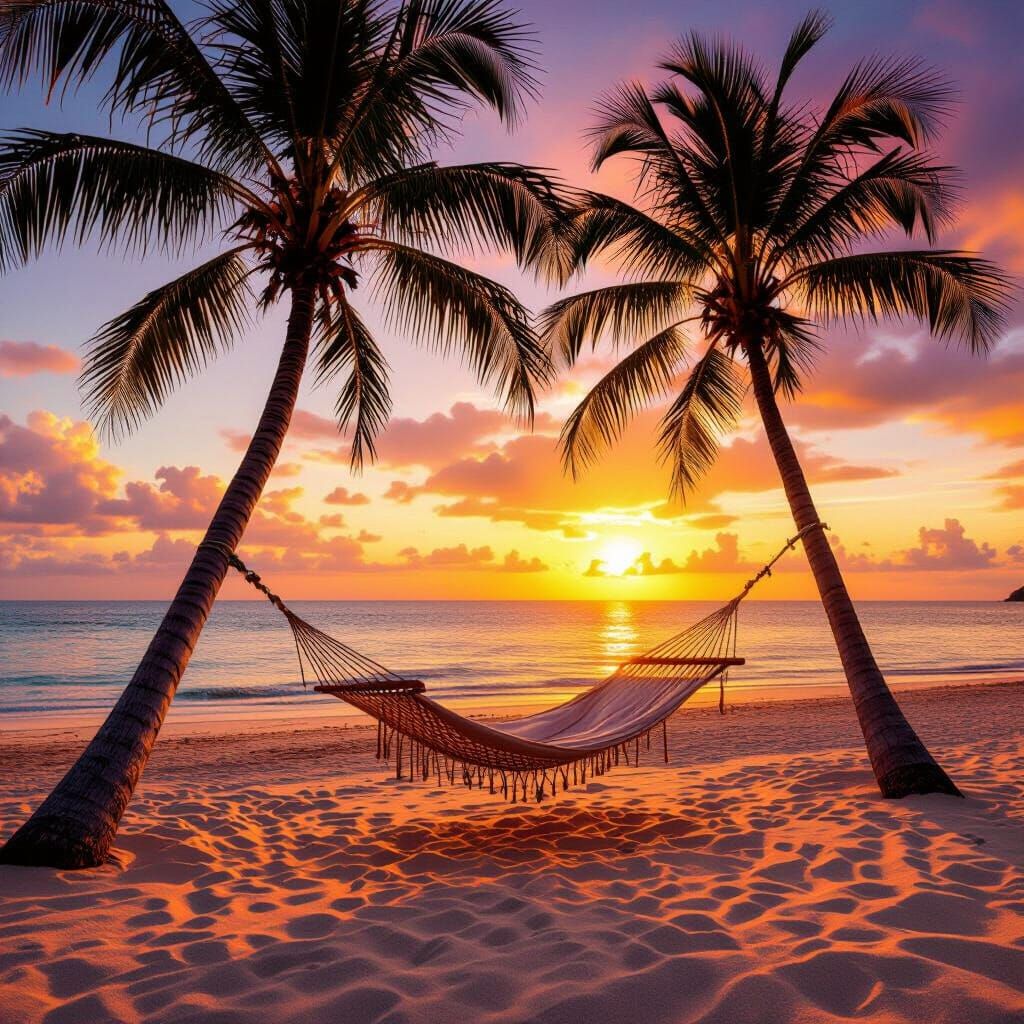 Realistic Beach Sunset with Hammock Between Palm Trees