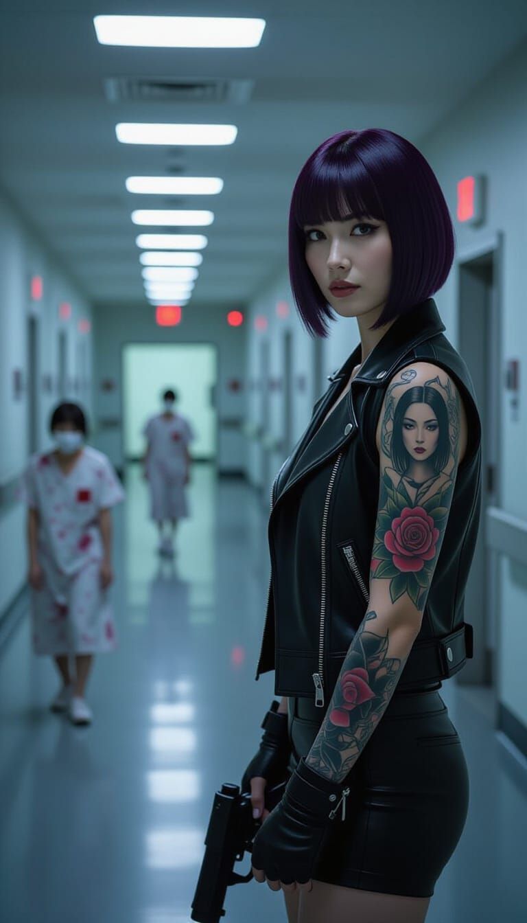 Serene Warrior Japanese Woman in Dark Hospital Corridor